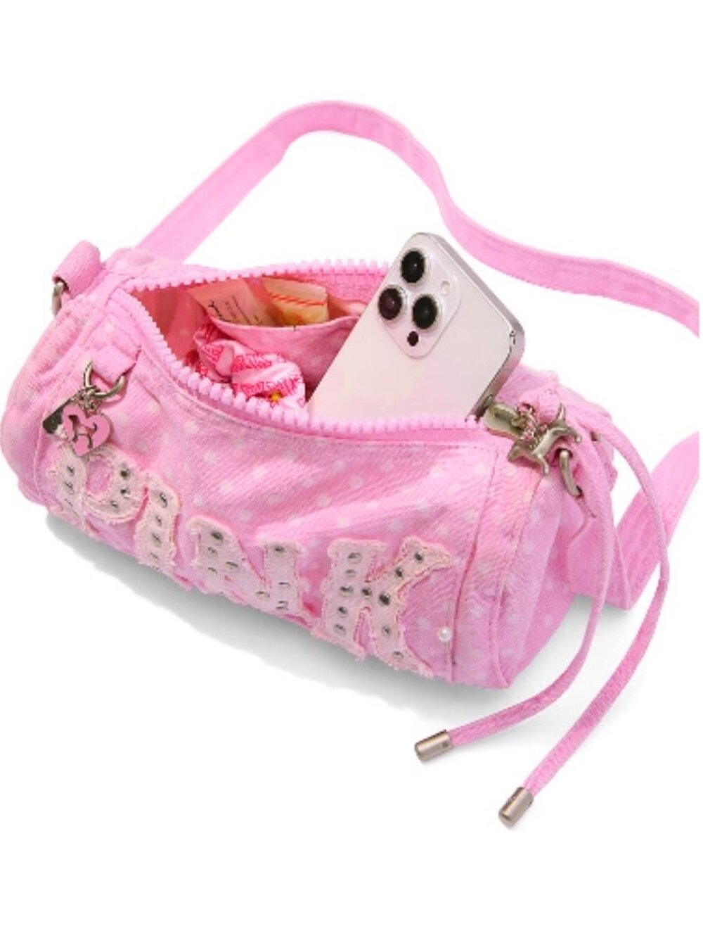 VS PINK Classic Pink Dot Canvas Rolled Duffle Shoulder Bag~NEW Release!!!